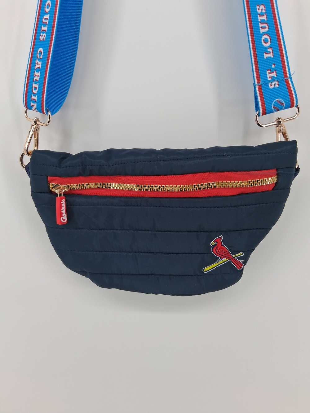 Navy Quilted Crossbody Bag with Red Zip and Team Logo
